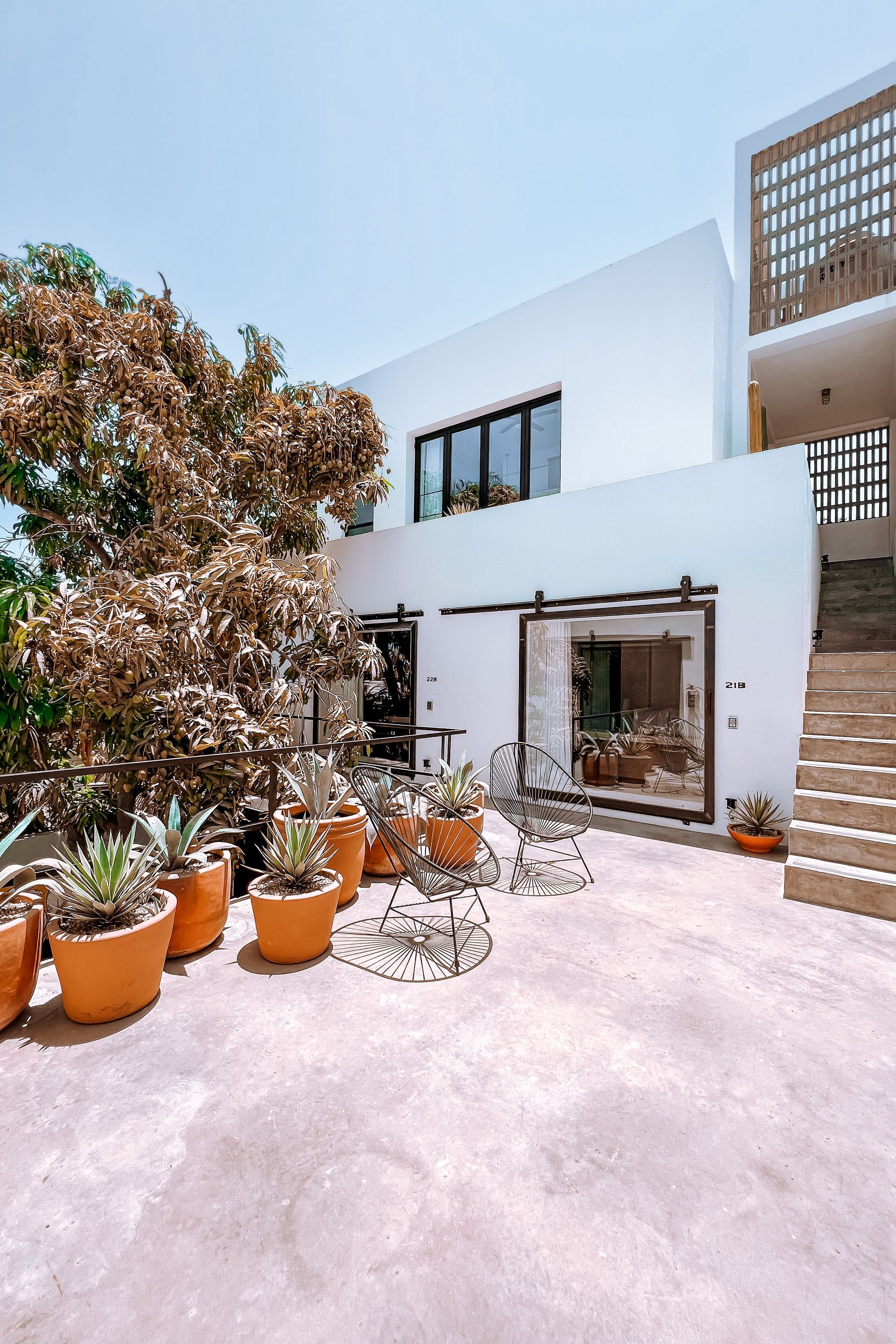 Bright outdoor terrace with modern seating and potted plants against a sleek concrete building.